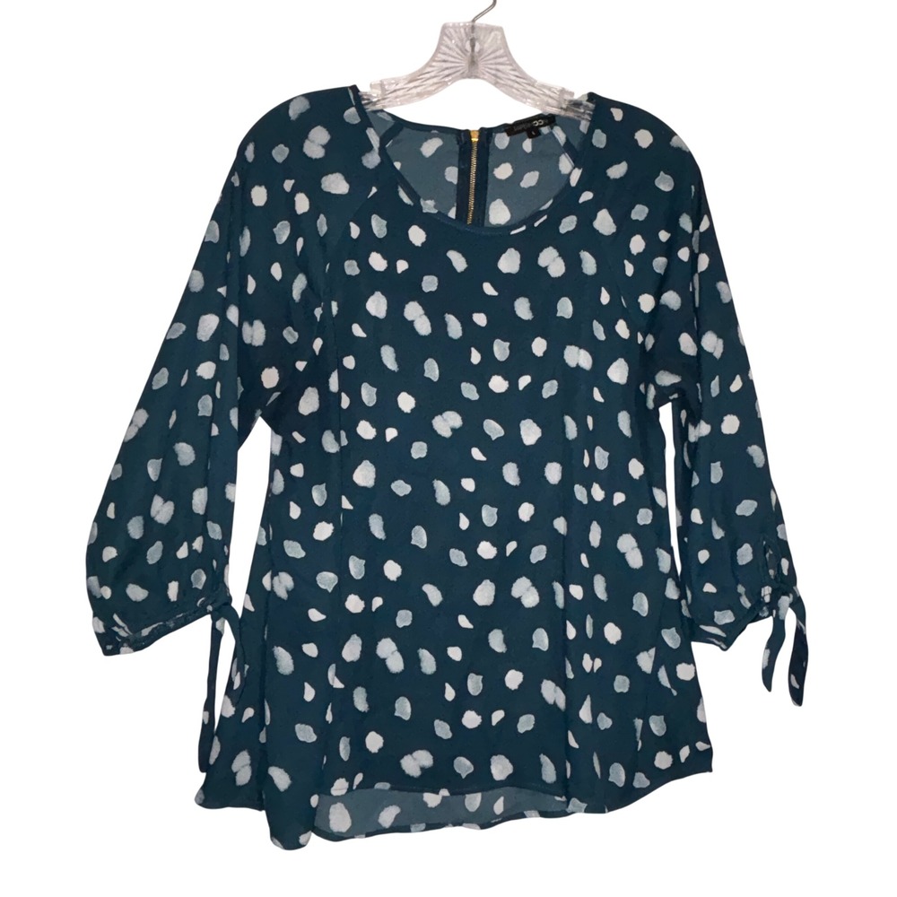 PAPERMOON Teal White Dot‎ Print Zipper Back 3/4 Sleeve Tunic Top Women's M